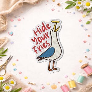 Hide Your Fries Patch, Funny Seagull Bird Animal Lover Adult Humor Sayings Retro Meme Sarcasm Embroidered Patch For Clothes Jacket Backpack