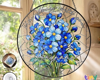 Custom In Loving Memory Blue Flower Stained Glass Suncatcher, Personalized Floral Memoria Window Hanging