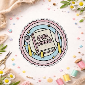 Girl Dinner Bookish Patch, Funny Book Lover Booktok Embroidered Patch, Reader Humor Iron On Patch for Clothes Jackets Backpacks Hats Gift