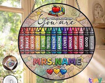 Personalized Teacher Stained Glass Suncatcher, In This Classroom You Are Crayon Window Hanging, Custom Name Teacher Gift Decor