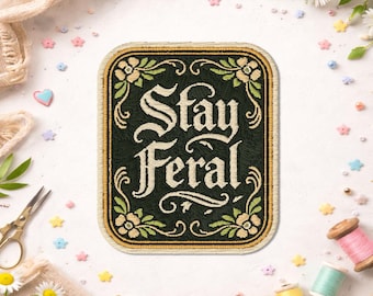 Stay Feral Patch, Funny Dark Humor Sarcastic Cottagecore Retro Quote Embroidered Patches For Clothes, Jacket, Backpack, Hat, Shirt