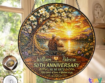 Personalized 50th Anniversary Stained Glass Suncatcher, Custom Couple Names Wedding Date Gift, Golden Anniversary Window Decor