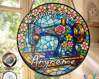 Personalized Sewing Stained Glass Suncatcher, Sewing Room Decor Custom Name Window Hanging, Quilter Gift for Mom Grandma Seamstress