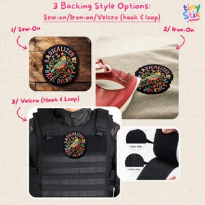 Peut inclure: Image pr&eacute;sentant trois options de fixation d'&eacute;cusson : &agrave; coudre, &agrave; repasser et Velcro (boucle et crochet). Les &eacute;cussons arborent un motif d'oiseau color&eacute; avec le texte "RADICALIZED BY BASIC DECENCY".