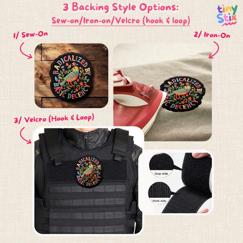 Peut inclure: Image pr&eacute;sentant trois options de fixation d'&eacute;cusson : &agrave; coudre, &agrave; repasser et Velcro (boucle et crochet). Les &eacute;cussons arborent un motif d'oiseau color&eacute; avec le texte "RADICALIZED BY BASIC DECENCY".