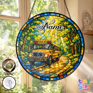 Personalized School Bus Stained Glass Suncatcher, Custom Name Window Hanging, Bus Driver Teacher Gift, Back to School Decor