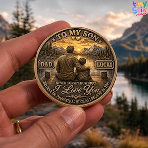 Custom Father to Son Challenge Coin, Personalized Dad and Son Name Keepsake, Inspirational Gift from Dad for Son Love Reminder Decor