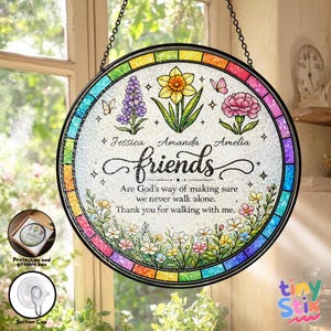 Personalized Friends Stained Glass Suncatcher, Custom Name Friendship Gift, Floral Window Hanging, Best Friend Birthday Gift