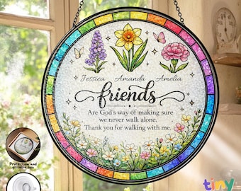 Attrape-soleil en vitrail d'amis personnalisé, cadeau d'amitié avec nom personnalisé, décoration florale à suspendre, cadeau d'anniversaire de meilleur ami