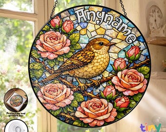 Custom Name Stained Glass Suncatcher, Personalized Nightingale Bird Rose Flowers Birds Lover Window Hanging