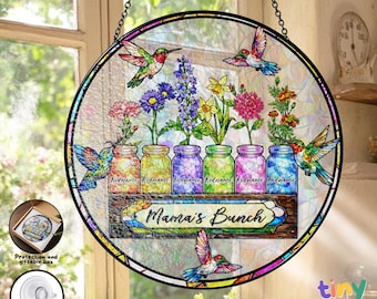 Personalized Mom Stained Glass Suncatcher, Kids Names Mason Jar Flowers Window Hanging, Mother’s Day Gift Mama’s Bunch Decor Gifts