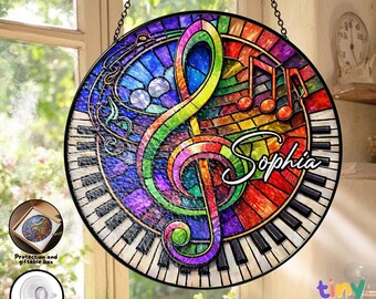 Personalized Music Stained Glass Suncatcher, Piano Keyboard Treble Clef Window Hanging, Custom Name Music Lover Gift for Musicians