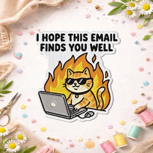 May include: Embroidered patch featuring a cartoon cat wearing sunglasses and working on a laptop, surrounded by flames. The text "I HOPE THIS EMAIL FINDS YOU WELL" is above the cat. The patch is white with colorful details.