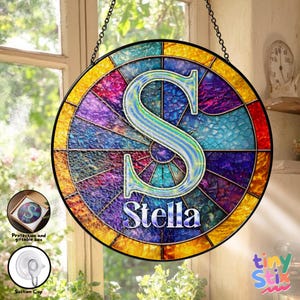 Personalized Initial Stained Glass Suncatcher, Custom Letter Name Window Hanging, Rainbow Glass Monogram Decor, Unique Name Gifts