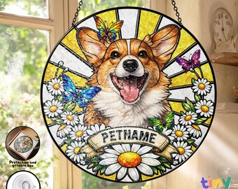 Custom Dog Portrait From Photo Memorial Suncatcher, Personalized Stained Glass Dog Pet Loss Memorial for Window Hanging, Gift, Decor Home
