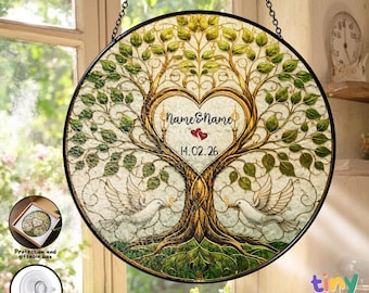 Personalized Wedding Stained Glass Suncatcher, Tree of Life Couple Gift, Custom Name Date Anniversary Window Hanging Decor Gifts