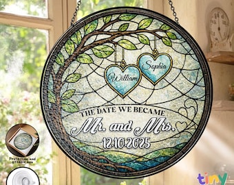 Custom Couples Name Stained Glass Suncatcher, Personalized Heart Tree Anniversary Weddings