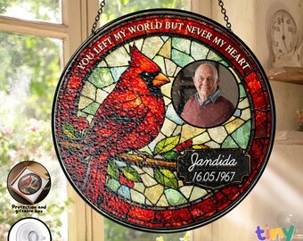 Custom Sympathy Memorial Photo Name Stained Glass Suncatcher, Personalized Cardinal Red Bird In Loving Memory Gift Memorial Keepsake Decor