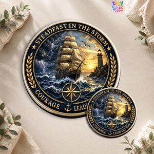 May include: Two circular wall plaques featuring a sailing ship on stormy seas near a lighthouse. The design includes a gold compass rose, laurel leaves, and the text STEADFAST IN THE STORM and COURAGE LEADS THE WAY in gold lettering on a dark blue border.