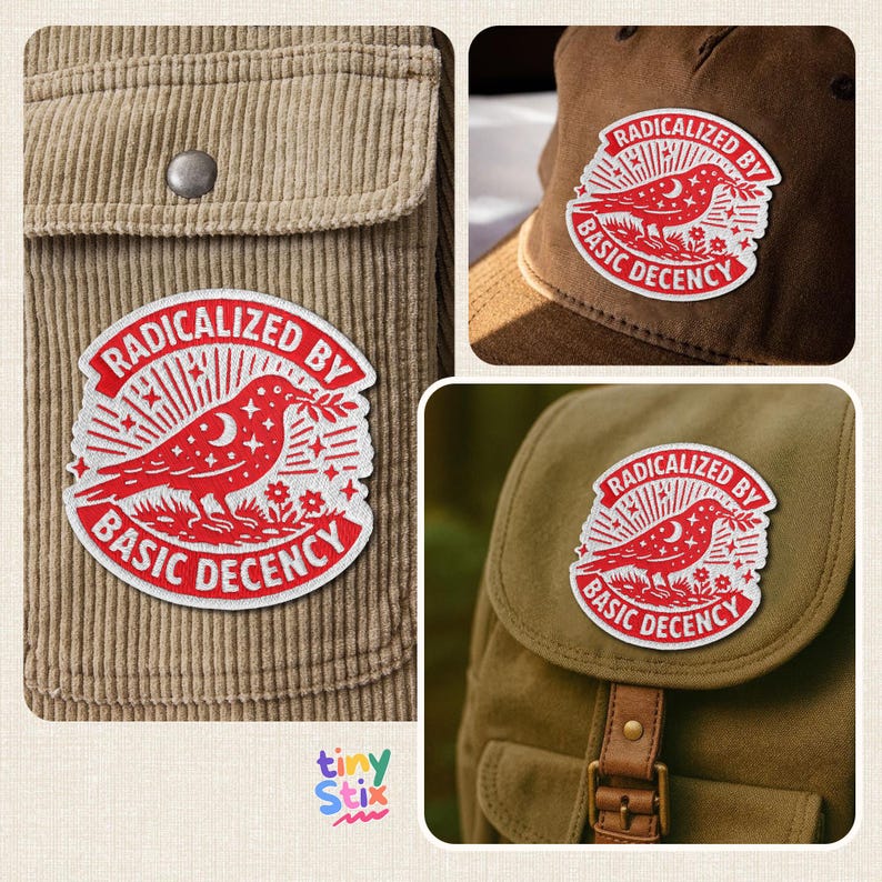 May include: A red and white patch with the text "RADICALIZED BY BASIC DECENCY" and a bird design. The patch is shown on a corduroy jacket, a hat, and a backpack. The patch has a vintage, embroidered look.