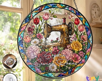 Custom Sewing Room Stained Glass Suncatcher, Personalized Sewer Name Tailor Floral Window Hanging Seamstress Quilter Gift Decor