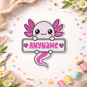 May include: An embroidered patch featuring a light pink axolotl with bright pink gills and a tail. The axolotl holds a white rectangular sign with a black border that displays the text ANYNAME in pink letters, flanked by two small pink hearts.