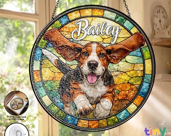 Custom Name Dog Cat Portrait Photo Stained Glass Suncatcher, Personalized Loss Of Pet Memorial Remembrance