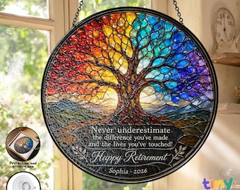 Personalized Retirement Stained Glass Suncatcher, Custom Name Year Tree of Life Window Hanging, Happy Retirement Gift for Coworker Glass