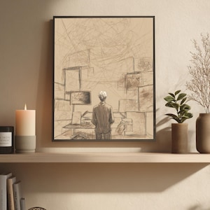 May include: A framed sketch print showing a person facing a wall of screens and abstract lines. The artwork is in sepia tones, with a black frame. The print is displayed on a wooden shelf with decorative items, including a candle, books, and plants.