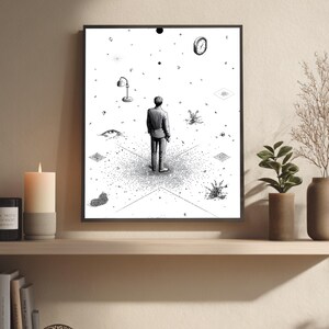 May include: Black and white art print depicting a man standing in a surreal landscape with floating objects, including a clock and a lamp. The artwork is framed and displayed on a shelf with decorative items, including a candle and books. The overall theme is thought-provoking.