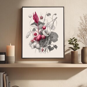 May include: Botanical art print featuring a detailed illustration of various plant elements. The artwork showcases a mix of grayscale and vibrant red hues, with a focus on berries and a prominent red flower. The print is framed in a black border and displayed on a wooden shelf.