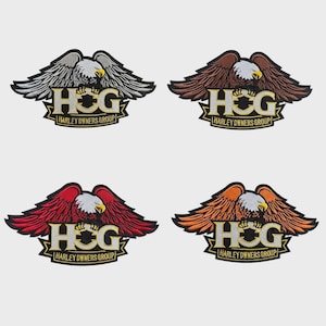 May include: Four embroidered patches featuring an eagle with outstretched wings. Each patch has the text "HOG HARLEY OWNERS GROUP" in a gold and black design. The eagle's wings are silver, brown, red, and orange.