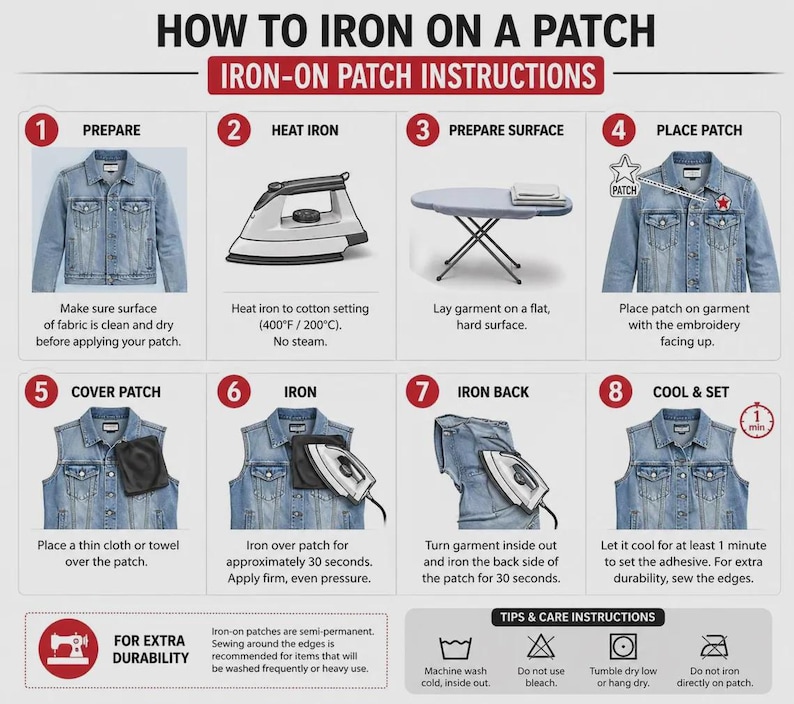 Może przedstawiać: Instruktażowa infografika zatytułowana HOW TO IRON ON A PATCH z ośmioma ponumerowanymi krokami. Zawiera ilustracje kurtki dżinsowej, żelazka, deski do prasowania i naszywki, szczeg&oacute;łowo opisując proces od przygotowania po chłodzenie i utrwalanie.