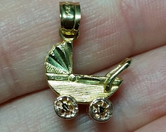 14k 3D Baby Carriage Two-Tone Charm Pendant for Bracelet NOS Movable