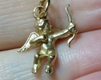 14k Solid Gold Flying Cupid with Bow & Arrow Charm for Bracelet or Pendant