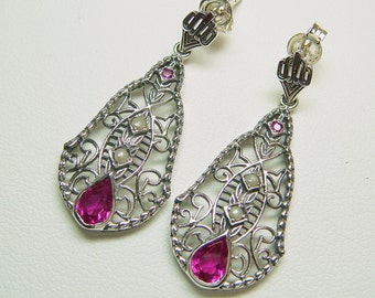 Sterling Ruby Filigree Seed Pearl Earrings