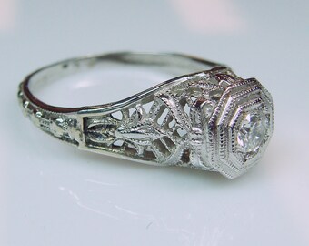 14k Art Deco Diamond Filigree White Gold Engagement Ring