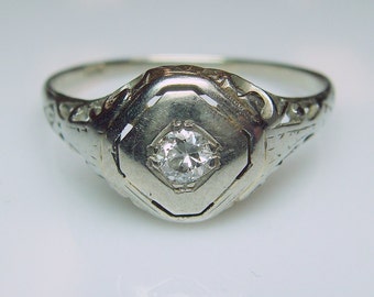 18k Victorian Diamond Filigree White Gold Engagement Ring