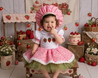 Strawberry Birthday Baby Costume, Pink Toddler Clothing Set, Halloween Girl Tutu Dress, Custom Outfit