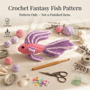 Patrón de pez betta a crochet en PDF, patrón de pez amigurumi a crochet, patrón de peluche de pez elegante, juguete de acuario en PDF, descarga instantánea.