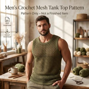 Può includere: Un modello per canotta in crochet a rete con il testo Men's Crochet Mesh Tank Top Pattern e Pattern Only - Not a Finished Item. Il design mostra un capo senza maniche color verde oliva con scollo rotondo e un motivo a griglia aperta.