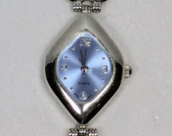 Vintage Silver Heart Link Bracelet Watch - Ice Blue Diamond Face - Quartz - New Battery