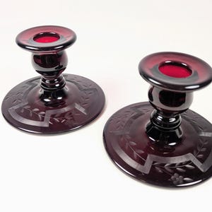 Vintage Co-operative Flint Glass Co - Ruby Red Low Candlesticks - Pair - Floral Etched