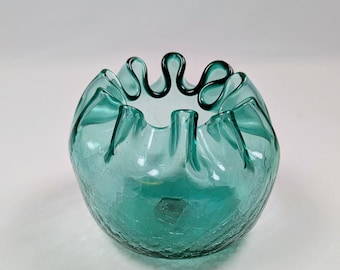 Pilgrim Glass Corp - Turquoise Crackle Bowl - West Virginia Hand Blown - 3.75 Inches Tall