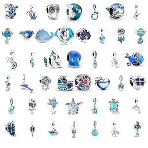Può includere: Una collezione di charm in argento con vari design a tema oceanico, tra cui delfini, balene, tartarughe marine, stelle marine, polpi e pesci tropicali in smalto blu, insieme ad altre forme decorative come cuori, foglie e piccole figure.