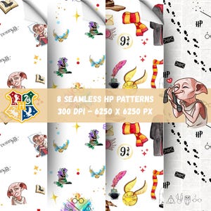 May include: Eight seamless patterns featuring watercolor illustrations of iconic elements from a fantasy series. Includes a house crest, a sorting hat, a golden snitch, and a scarf. The text reads "8 SEAMLESS HP PATTERNS 300 DPI - 6250 X 6250 PX."