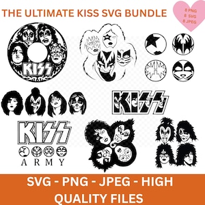 Pode incluir: Uma coleção de arquivos SVG com tema KISS em preto e branco. Os designs incluem rostos de membros da banda, o logotipo KISS e outros gráficos relacionados. O texto inclui "THE ULTIMATE KISS SVG BUNDLE", "SVG - PNG - JPEG - HIGH QUALITY FILES".