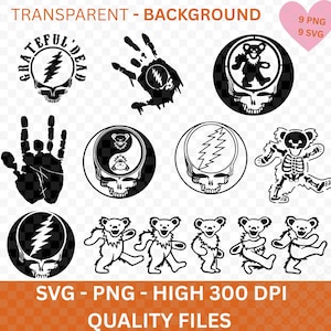 May include: A collection of black and white Grateful Dead-themed graphics. Includes skull and lightning bolt designs, dancing bears, handprints, and a yin-yang symbol. Text includes "Grateful Dead" and "SVG - PNG - HIGH 300 DPI QUALITY FILES".