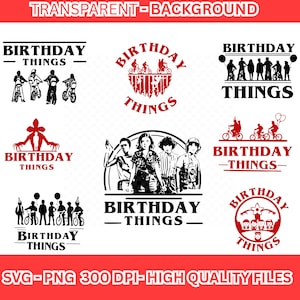May include: A selection of black and red "Birthday Things" graphic designs. The designs feature silhouettes of people on bikes, a group of people with balloons, and a group of characters. The text "Birthday Things" is included.