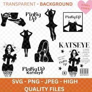May include: A selection of black and white graphic designs, including silhouettes of figures, text, and illustrations. The designs feature the text "Pinky De" and "Katseye", along with phrases like "Us against the world".